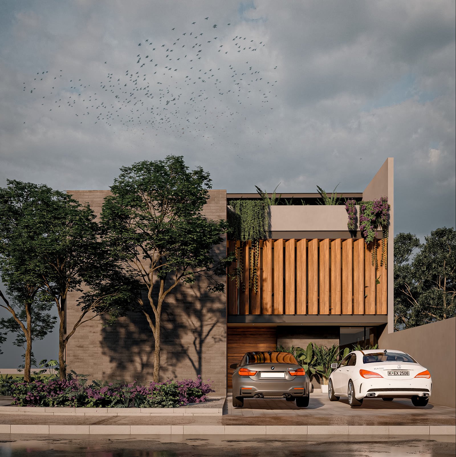 Render frontal de fachada de ladrillo con volumen saliente de lambrín de madera, plantas colgantes y cochera con dos autos