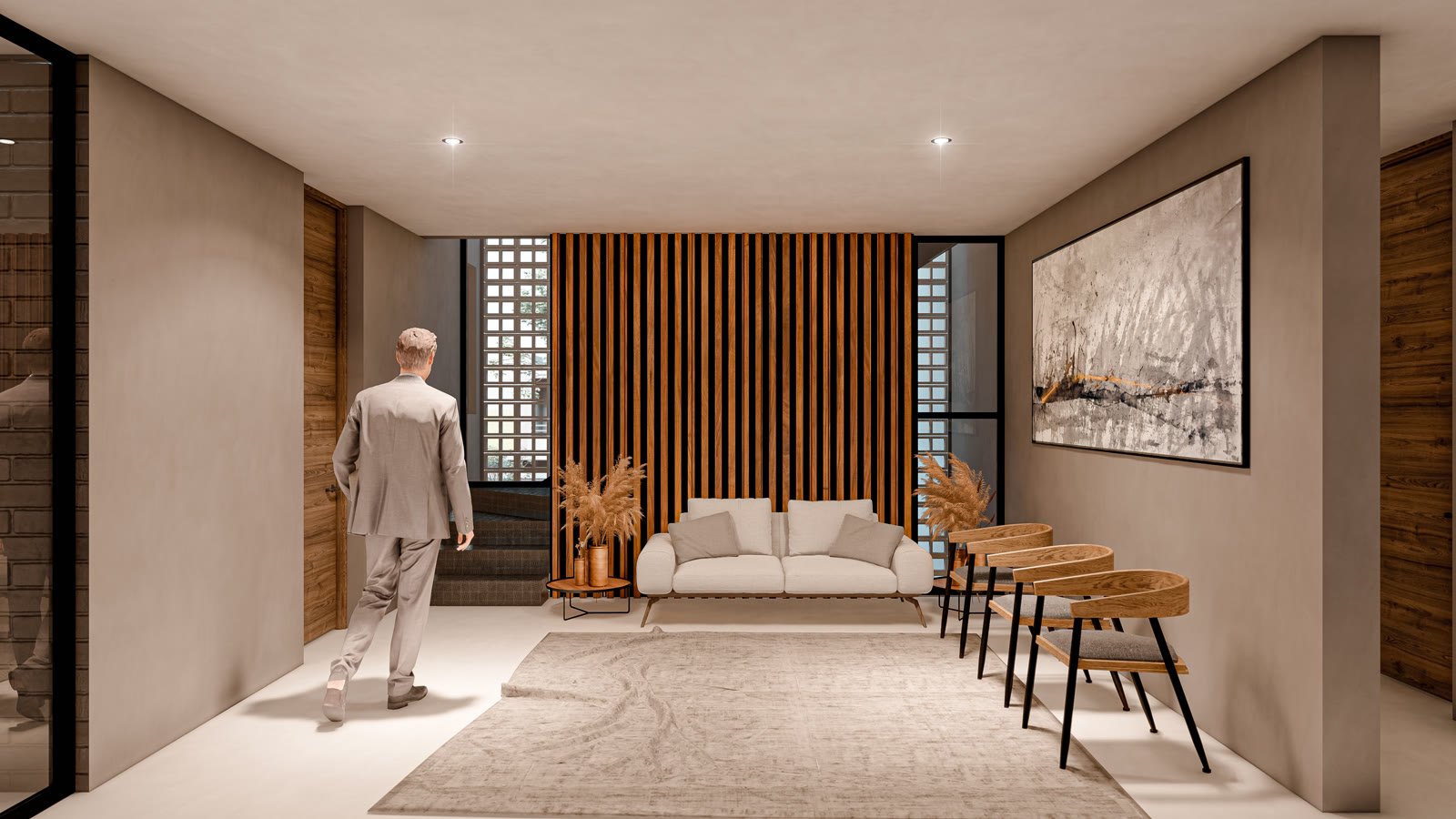 Render interior de sala de espera con lambrín de madera vertical, sofá claro, tapete y obra de arte enmarcada