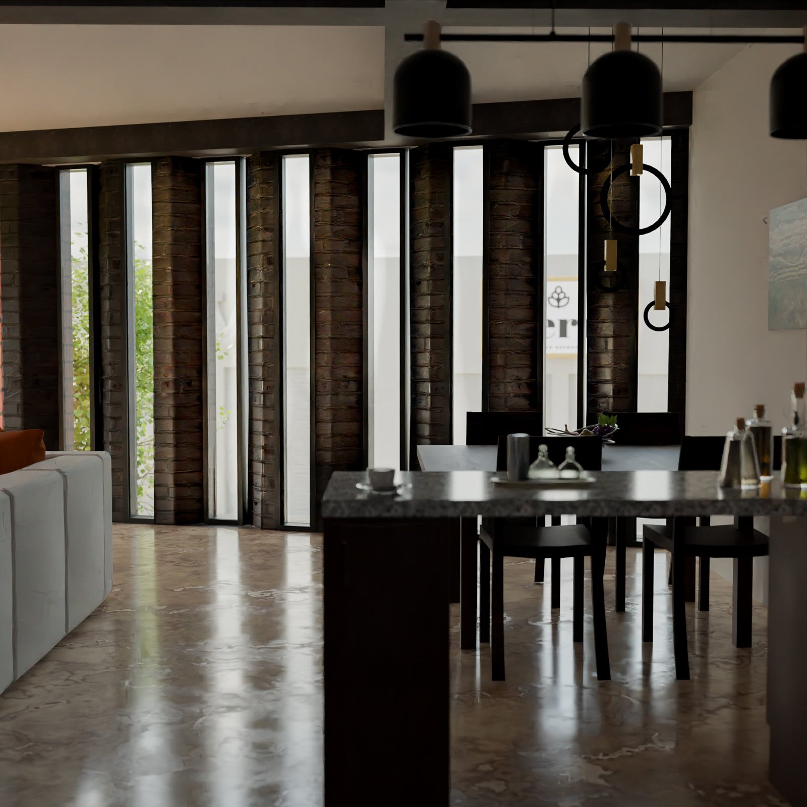 E9 La Casa de Tabique — render interior del comedor con columnas de tabique aparente y ventanales verticales