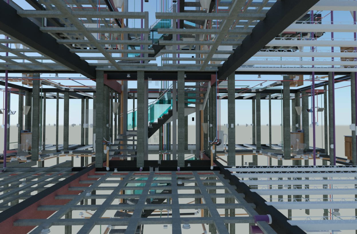 E9 — modelo BIM federado del edificio: estructura de concreto, ductos, tuberías hidrosanitarias y canalizaciones eléctricas coordinadas