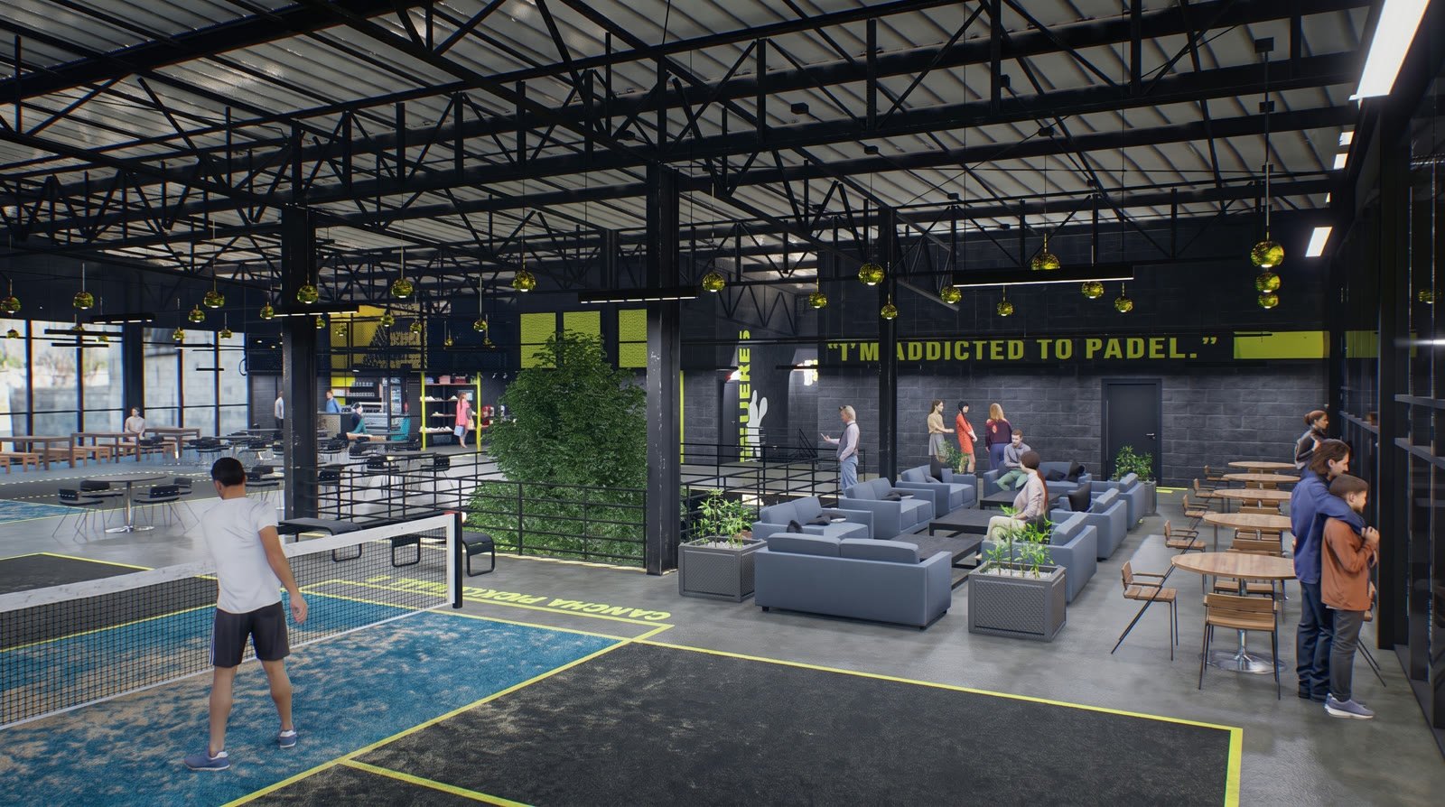 GamePoint — interior con canchas, zona de sillones y bar bajo armaduras metálicas, Juriquilla Querétaro