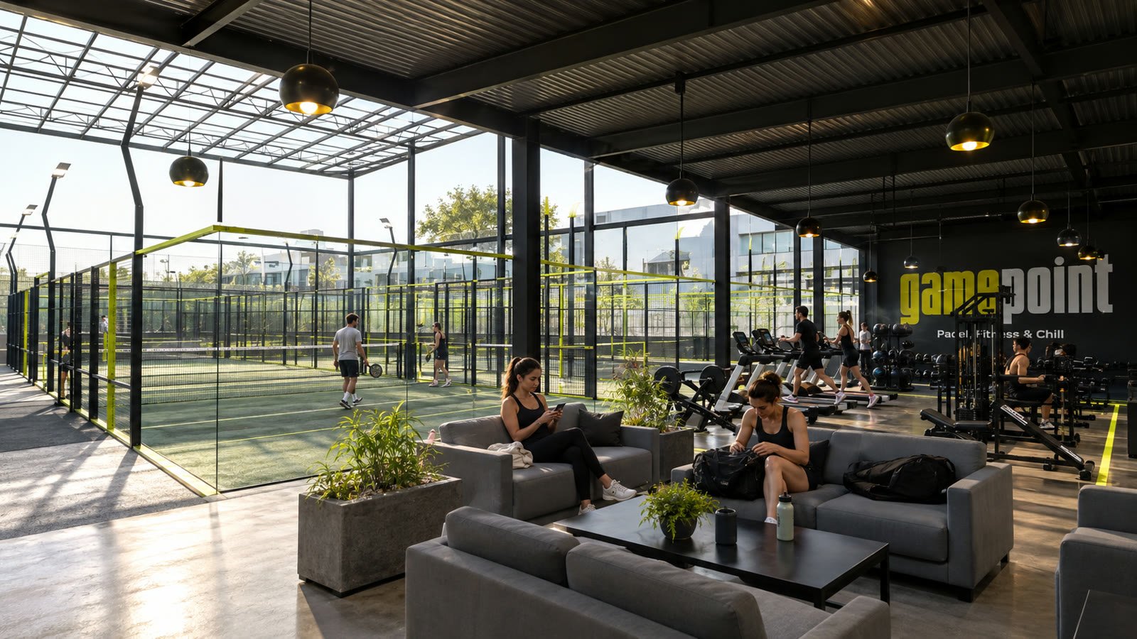 GamePoint — lounge, gimnasio y canchas de pádel bajo la estructura metálica, Juriquilla Querétaro