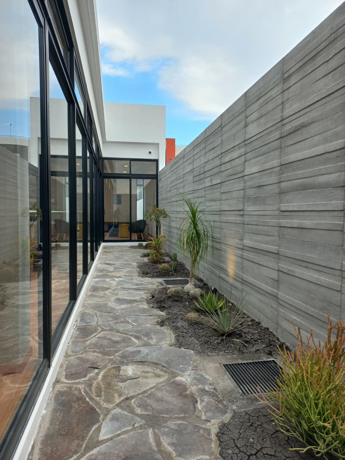 Patio lateral del local terminado: muro de concreto cimbrado aparente, piso de laja y cancelería negra de piso a techo