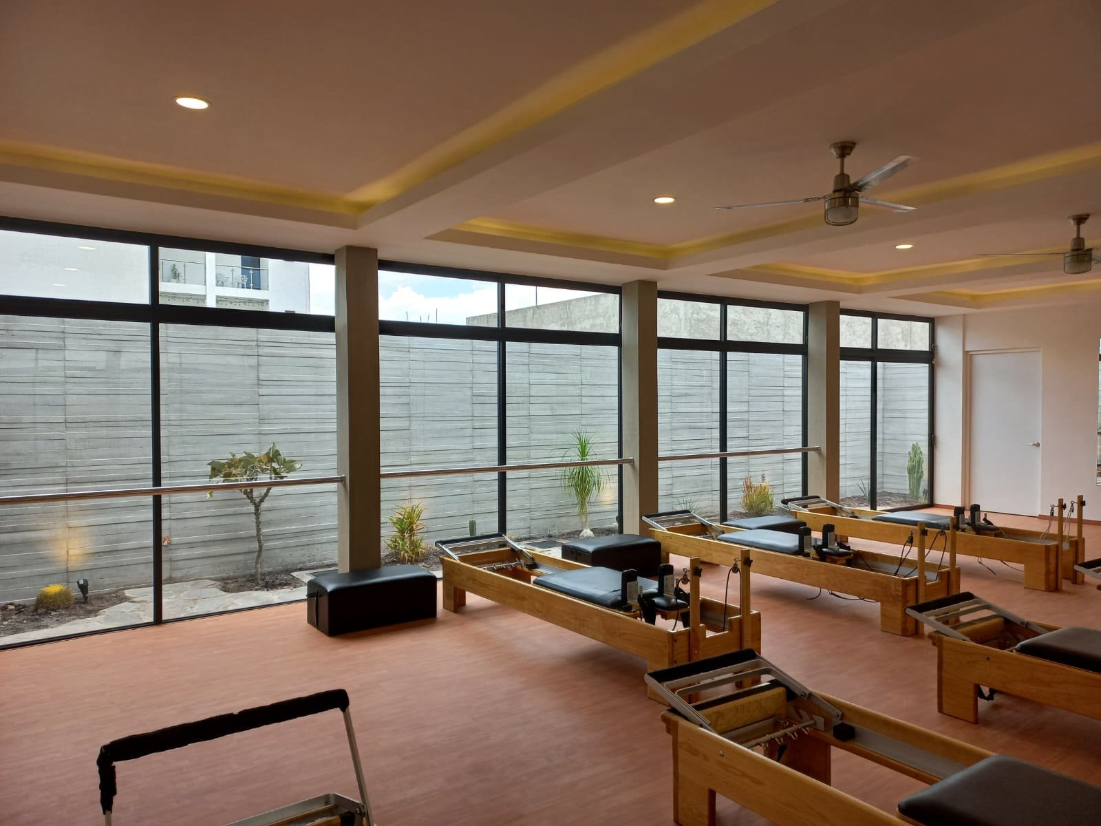 Salón del local comercial terminado con ventanal continuo hacia el patio de concreto cimbrado