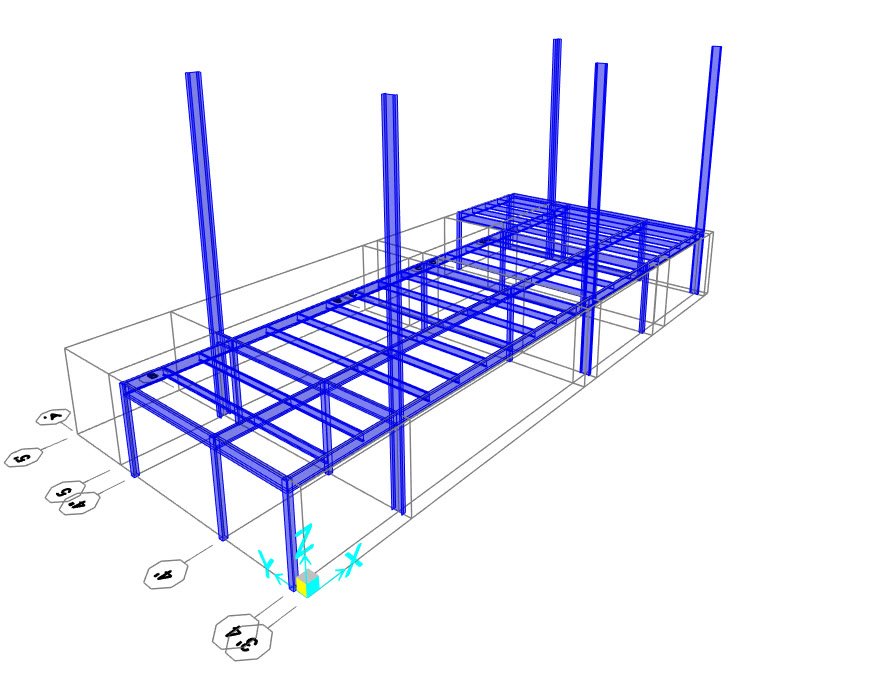 Modelo estructural tridimensional del mezzanine metálico: columnas, trabes principales y secundarias en acero