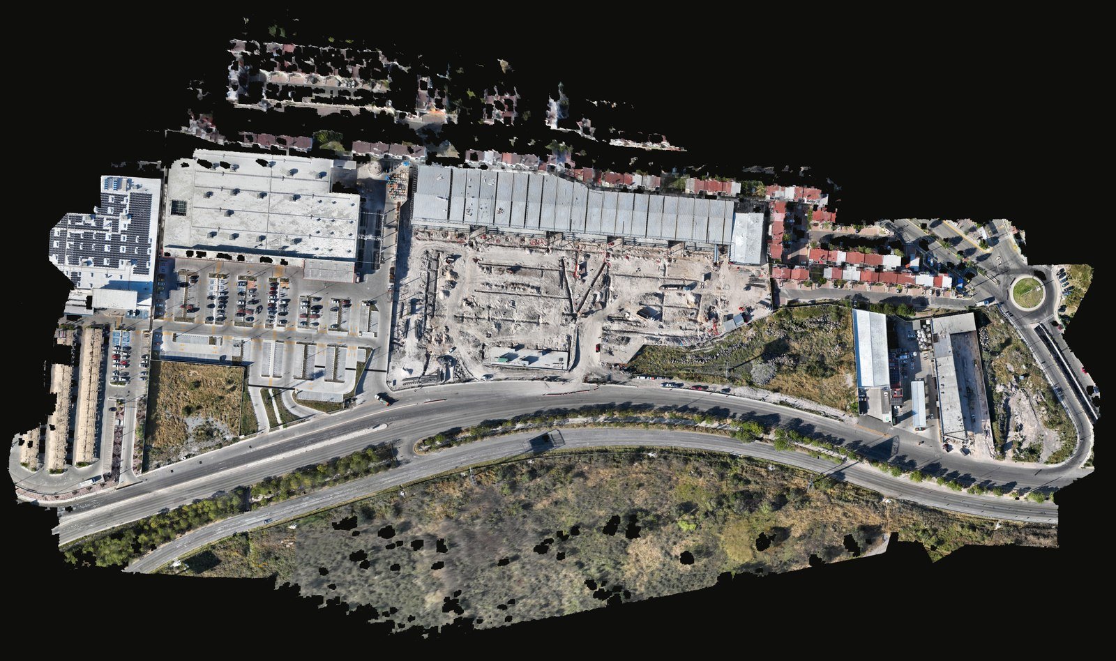 Orión — ortofoto del sitio en obra: excavación, estructura y contexto, levantada con dron