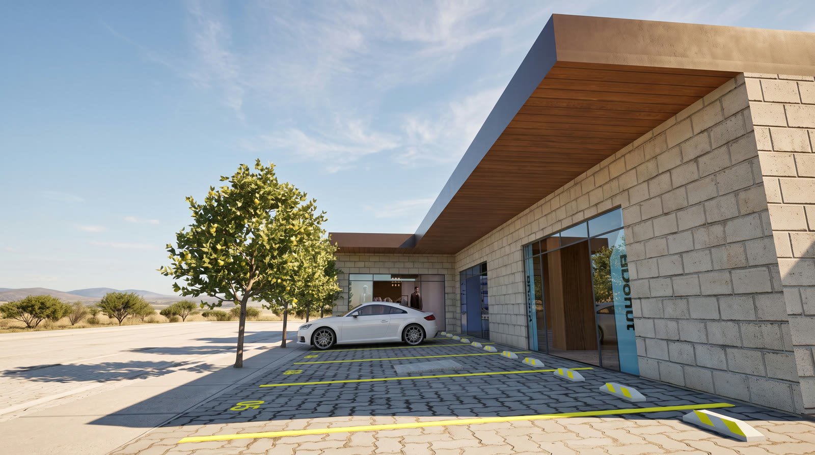 Render exterior de plaza comercial: fachada de block aparente con alero de madera y cajones de estacionamiento marcados en amarillo