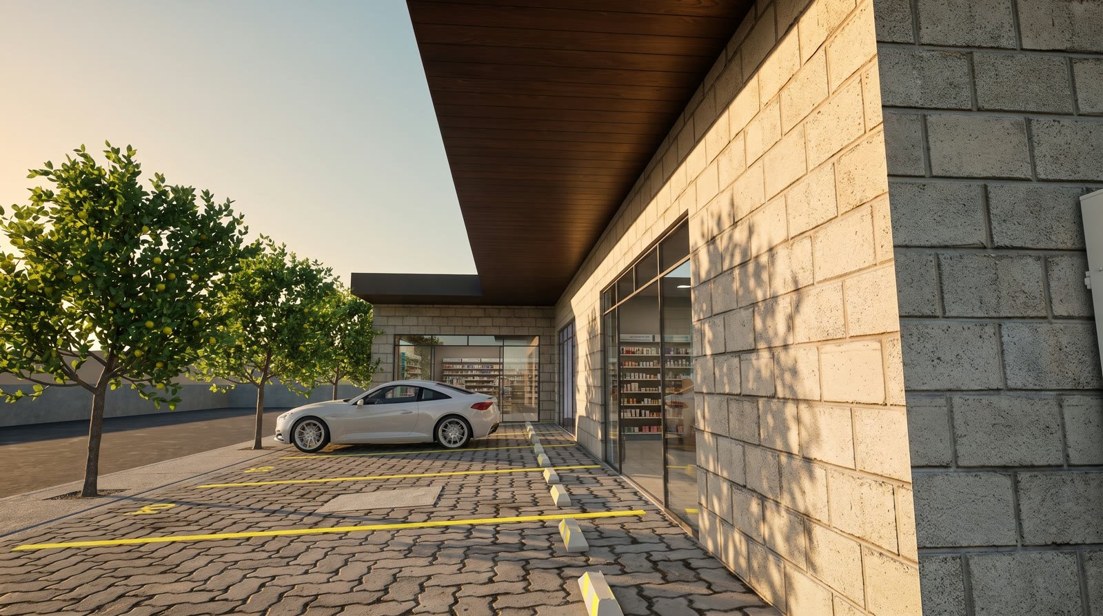 Render de los locales comerciales vistos desde el estacionamiento, con arbolado lateral y aparadores iluminados al fondo