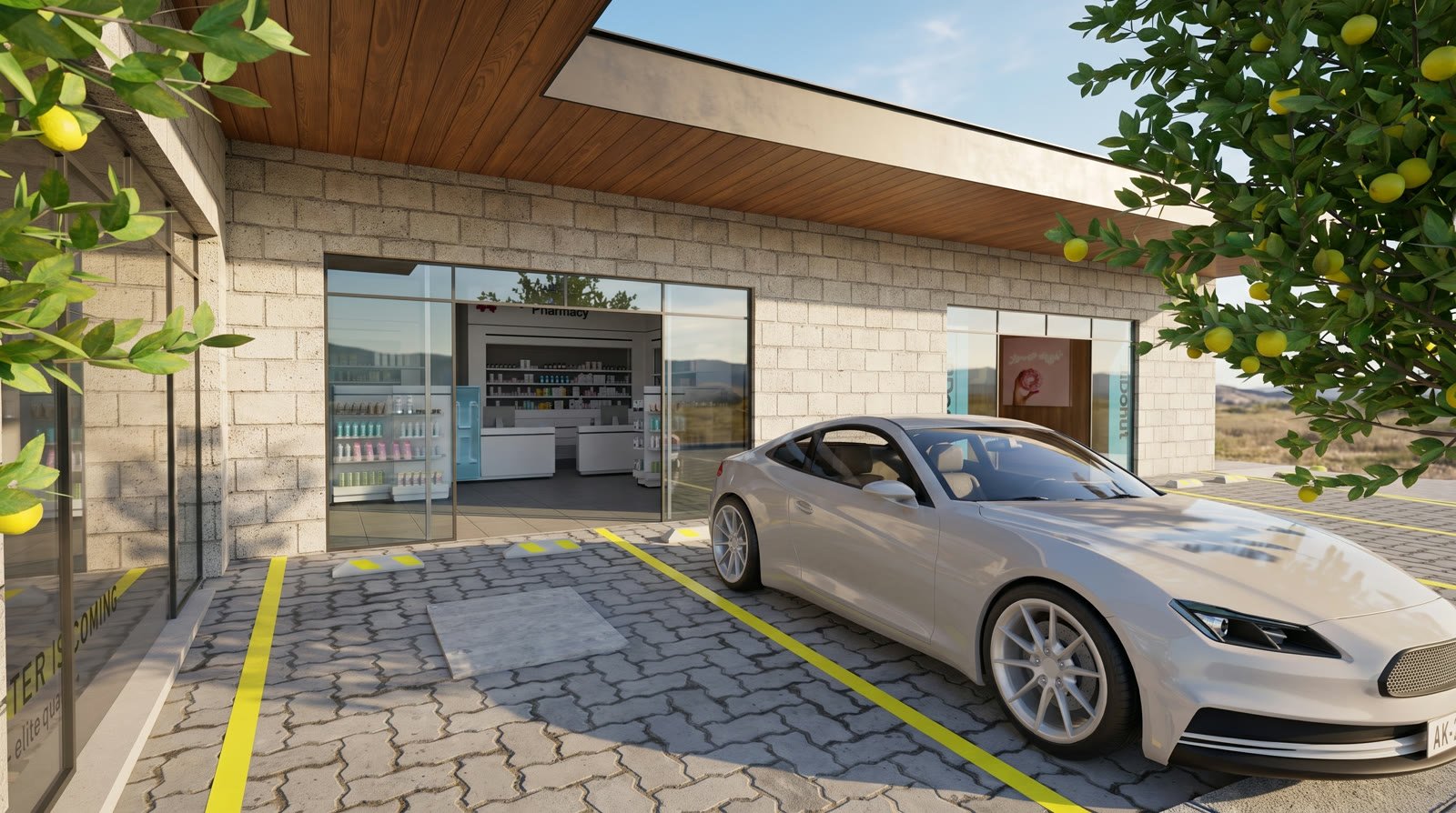 Render frontal del local de farmacia en la plaza comercial, con cancelería de piso a techo y mobiliario interior visible