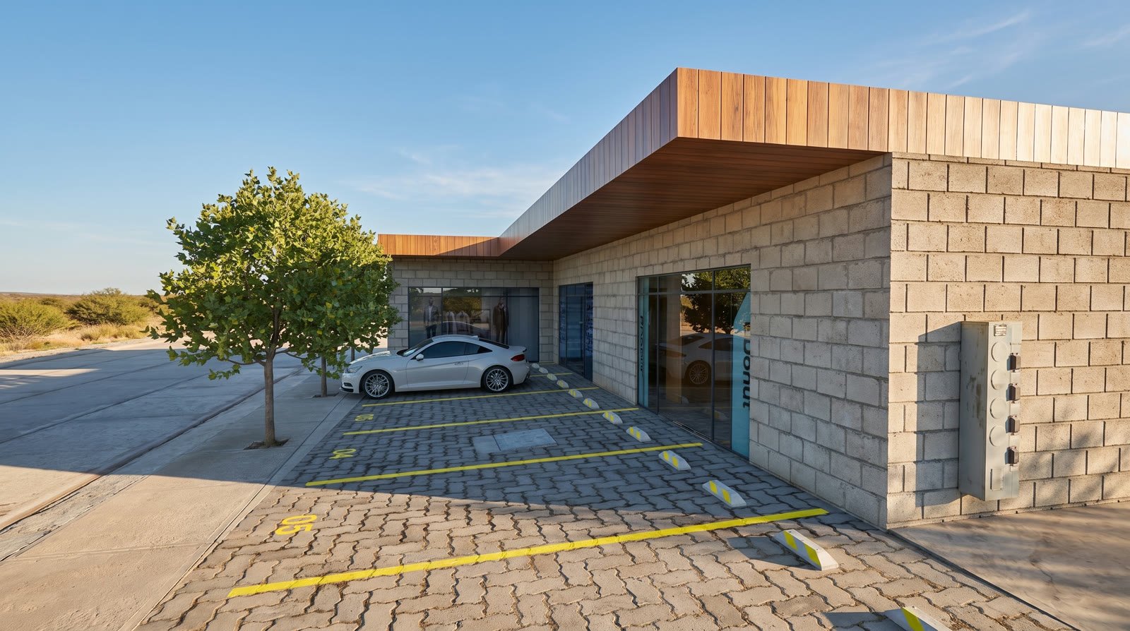 Render en perspectiva de la plaza comercial con los cajones de estacionamiento en primer plano y la fachada de block a la derecha