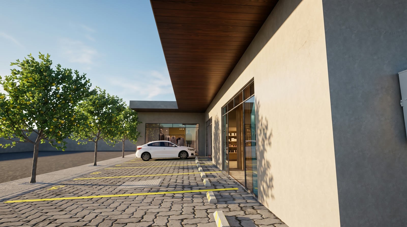 Alternativa de acabado en aplanado del mismo conjunto comercial, vista desde el andador de estacionamiento