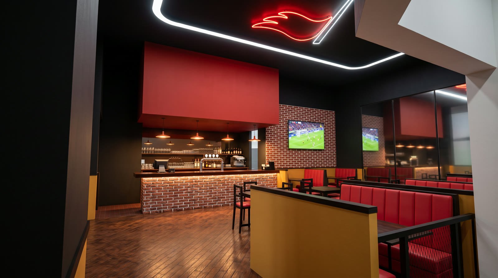 Render de la barra del restaurante con logotipo de neón rojo en el plafón, muro de ladrillo retroiluminado y booths en rojo