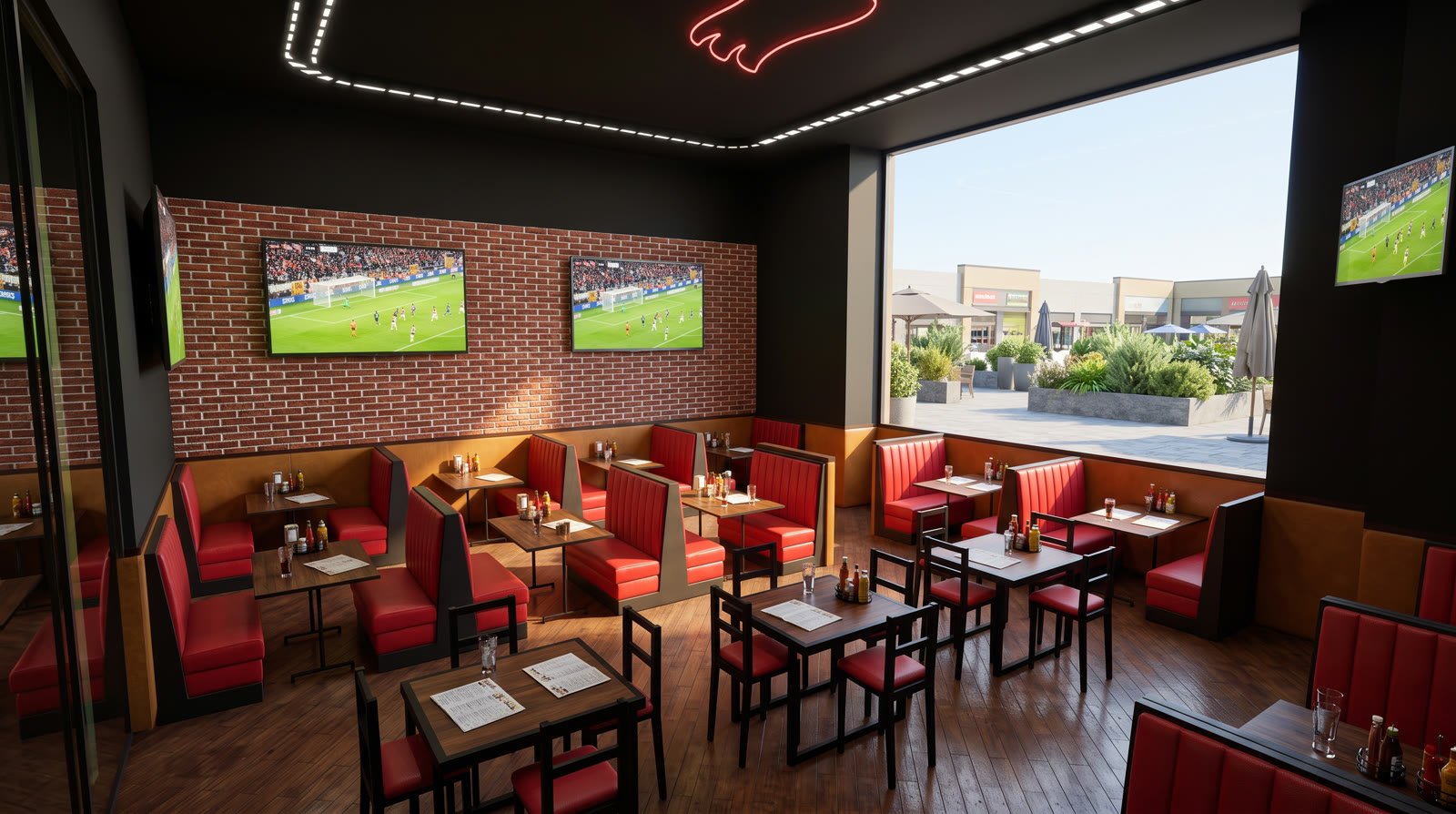 Render del comedor de Rebel Wings abierto por un ventanal corrido hacia la terraza de la plaza comercial, con luz natural