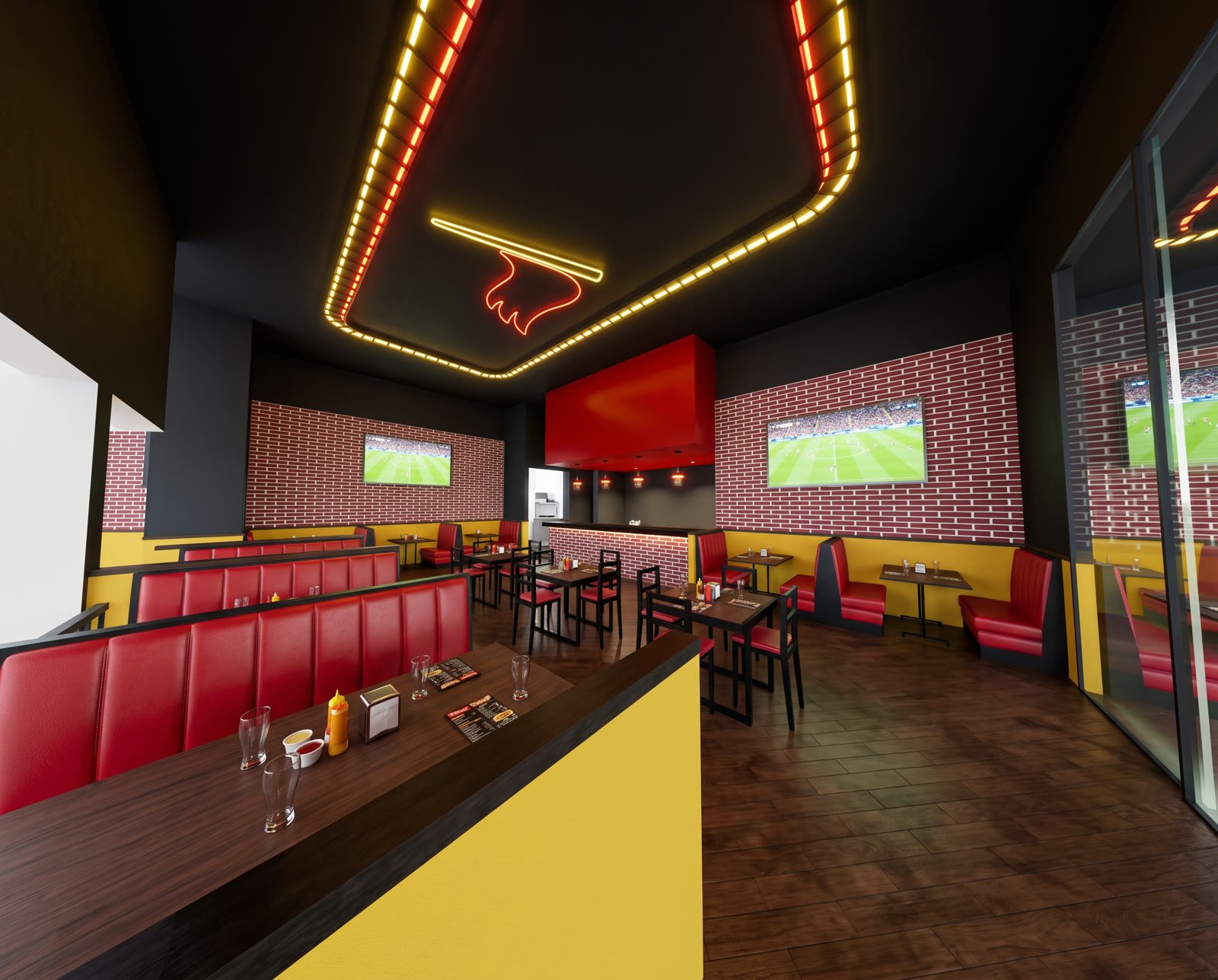 Render del área de mesas altas y barra del restaurante, con cenefa de neón amarillo y rojo en el plafón
