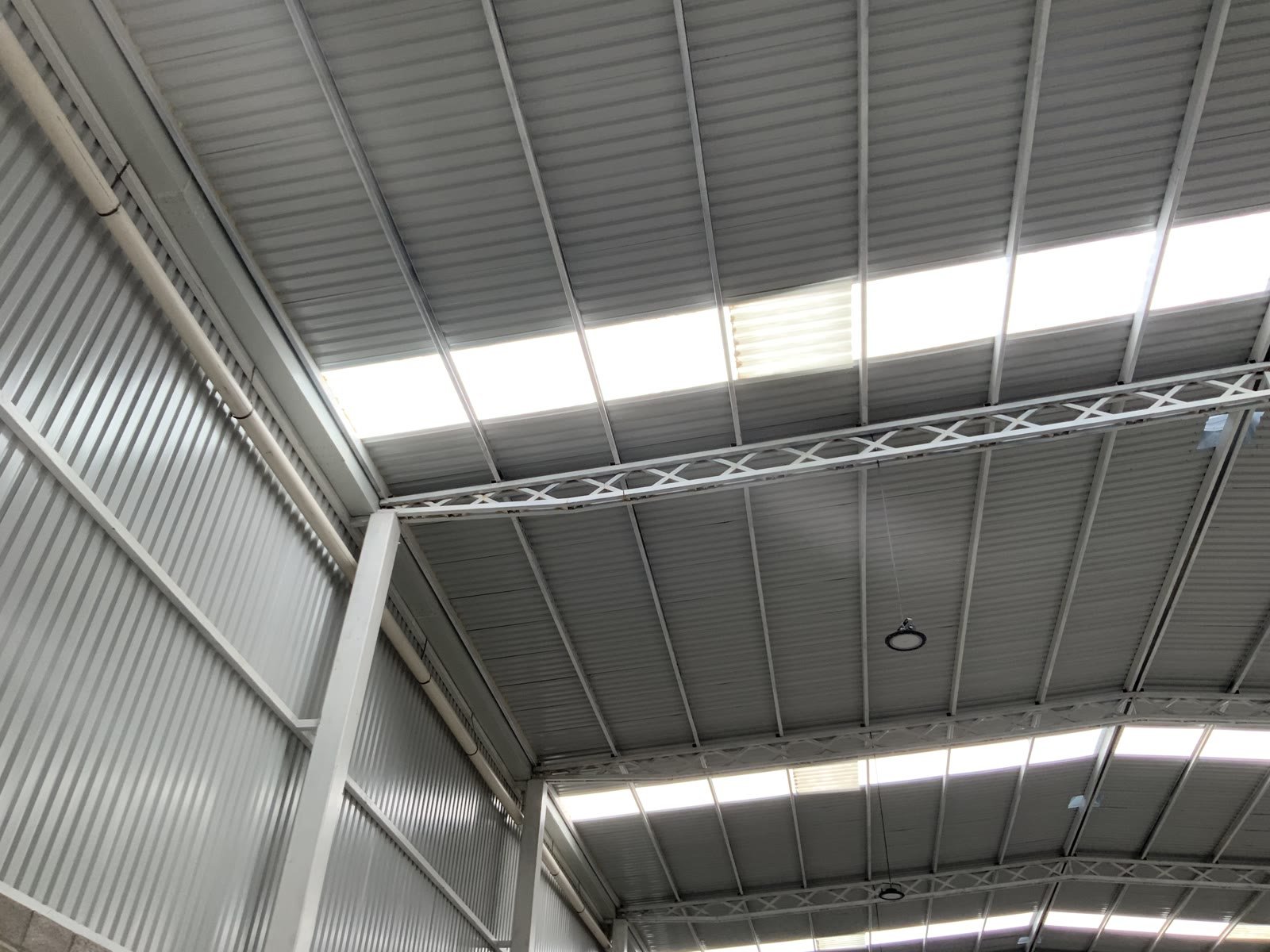 Nave industrial 47-C — armaduras y largueros de la cubierta metálica vistos desde el interior, Querétaro